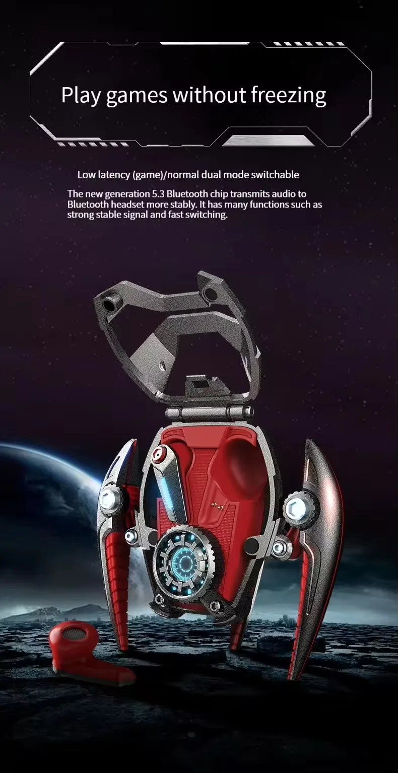 2024 TWS CD3 Alloy Shell Mecha Power Planet Design ENC Low Latency Gaming Earbuds LED Battery BT5.3 Wireless Call Noise In-ear