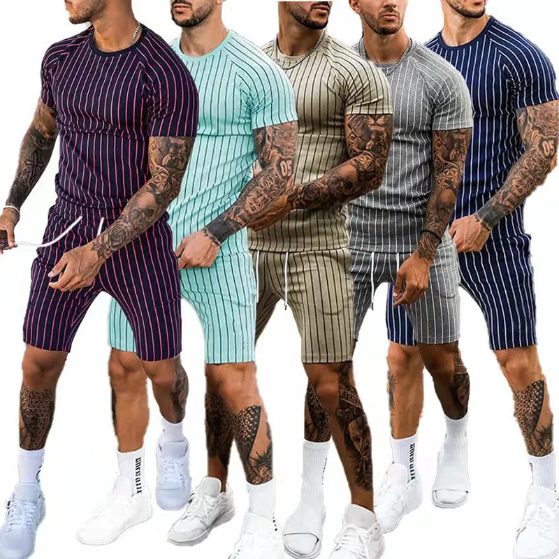 Men Tracksuit Set Striped Crew Neck Outdoor Street Short Sleeve 2 Piece ...