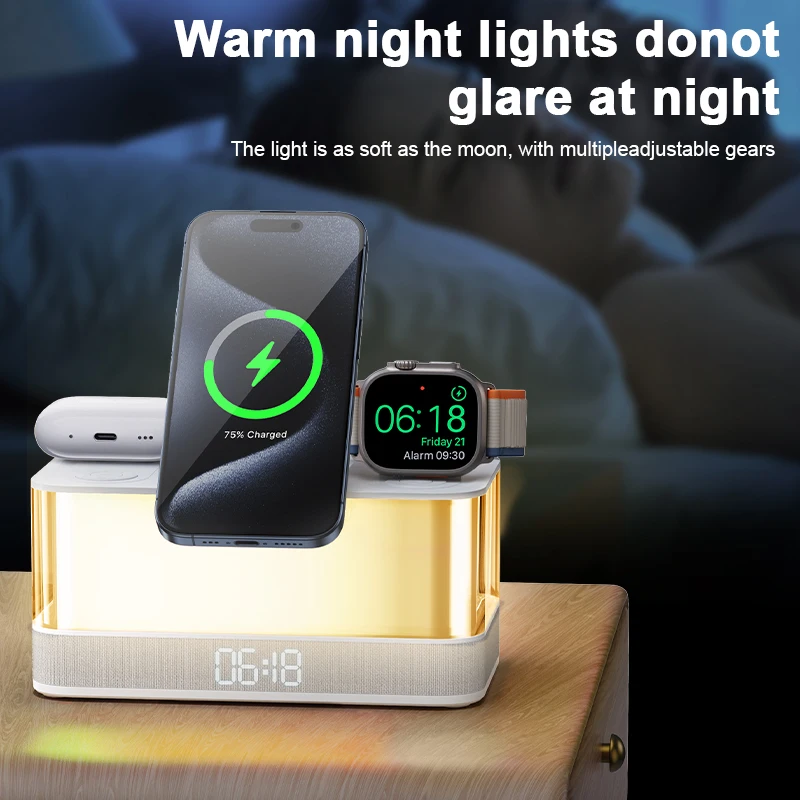 15W Bedroom RGB Night Light Alarm Clock Mobile Phone Holder Multifunctional 6.1 Wireless Charger BT Speaker 10W - Image 4