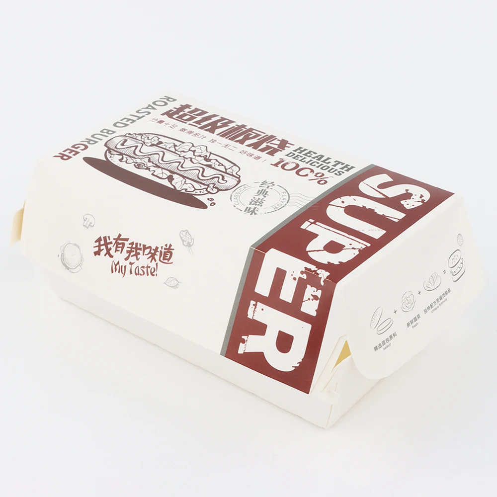 food grade custom logo square disposable kraft chicken double burger takeaway hamburger box food fixed packaging containers