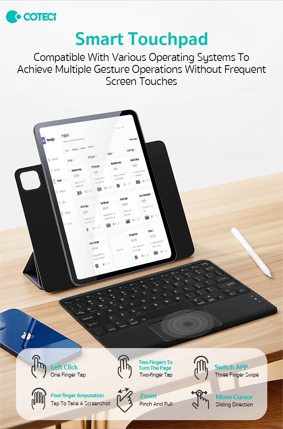 COTECi Office Use Ultra-Slim BT Business Keyboard Rechargeable Mini Wireless Tablet Keyboard With Trackpad for iPad IOS Windows