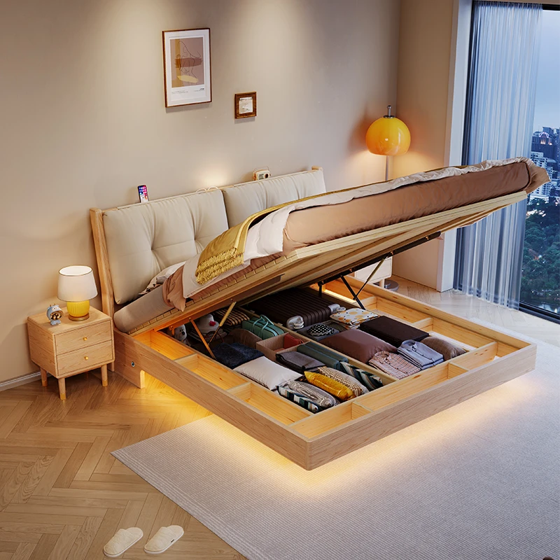 Custom Modern Design Queen/King Floating Bed With High Air Storage Box Solid Ash Wood Bedroom Furniture Bunk Bed Frame