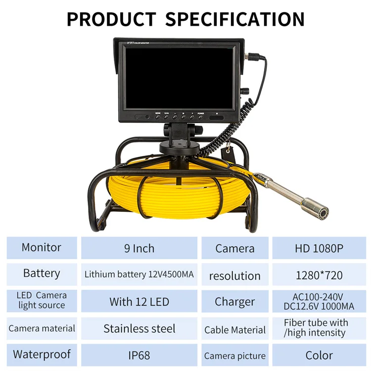 Pipe Inspection Camera 9Inch 1080P HD Screen 512Hz Sonde/Self-leveling16GB Video Audio Recording&IP68 Waterproof manufacture