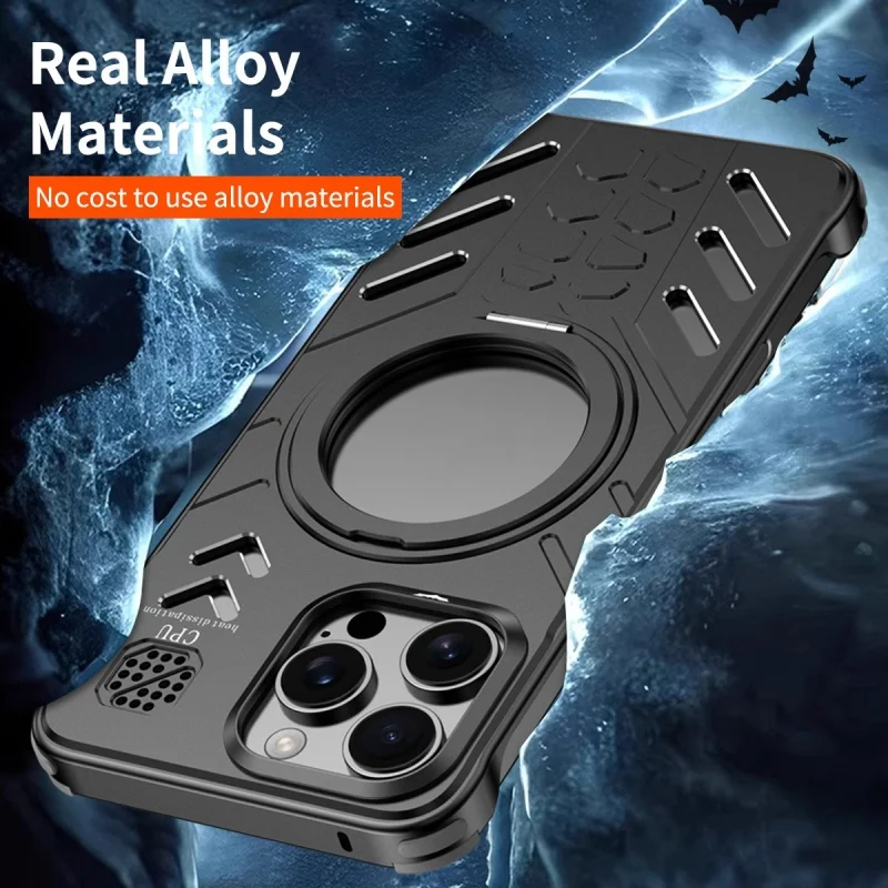 Aluminum Metal Hollow Magnetic Phone Case for iPhone 15 16 Pro Max Shockproof Armor Bumper With 360 Rotating Hidden Kickstand