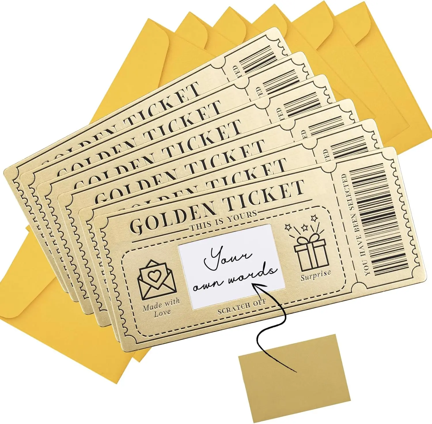 Golden Ticket Scratch-off Cards with Envelopes for Writing Your Own Special for Birthday Valentine's Day Christmas Gift Card