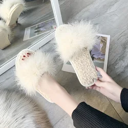 Real rabbit fur slippers plush fur slides lamb wool indoor women