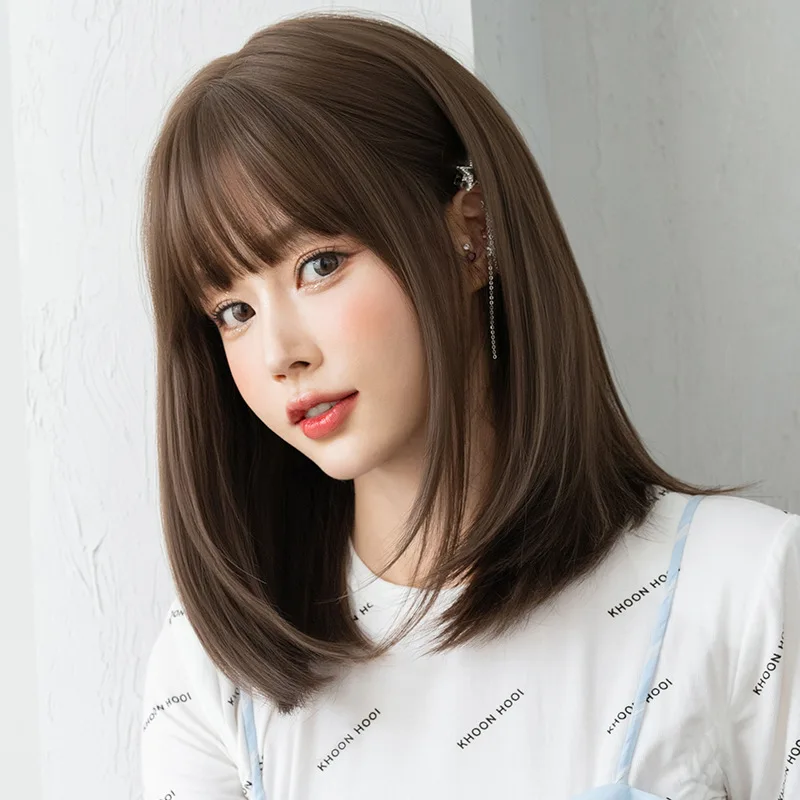 Media Melena Pelo Corte Recto Al Hombro Pelucas De Cabello Sintético Corto Tipo Bob De 40 Cm Con Flequillo Estilo  Coreano Ainizi Para Mujer, Color Castaño Frío