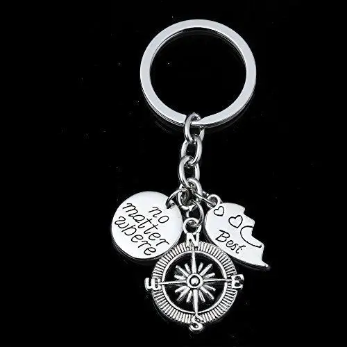 DIY Best Friends Keychain Compass Keychains No Matter Where Key Chain BFF Birthday Gift Compass Key Ring Jewelry