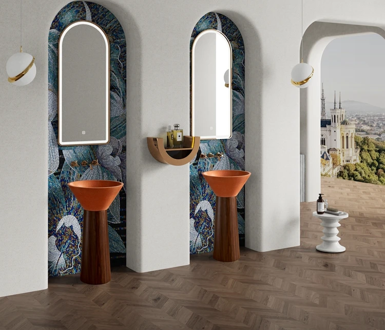 Orange Artificial Stone Wash Basin and Wood Grain Stainless Steel Pedestal Combination Freestanding Bathroom Wash Basin Sink