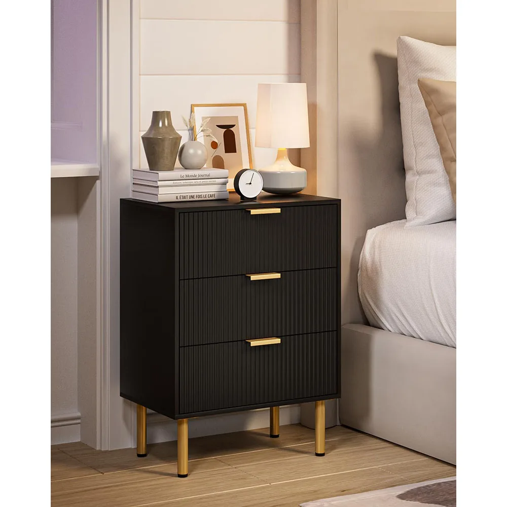 Modern Gold Frame Nightstand with 3 Storage Drawers Tall Bedside Table for Bedroom & Living Room MDF End Table Furniture factory