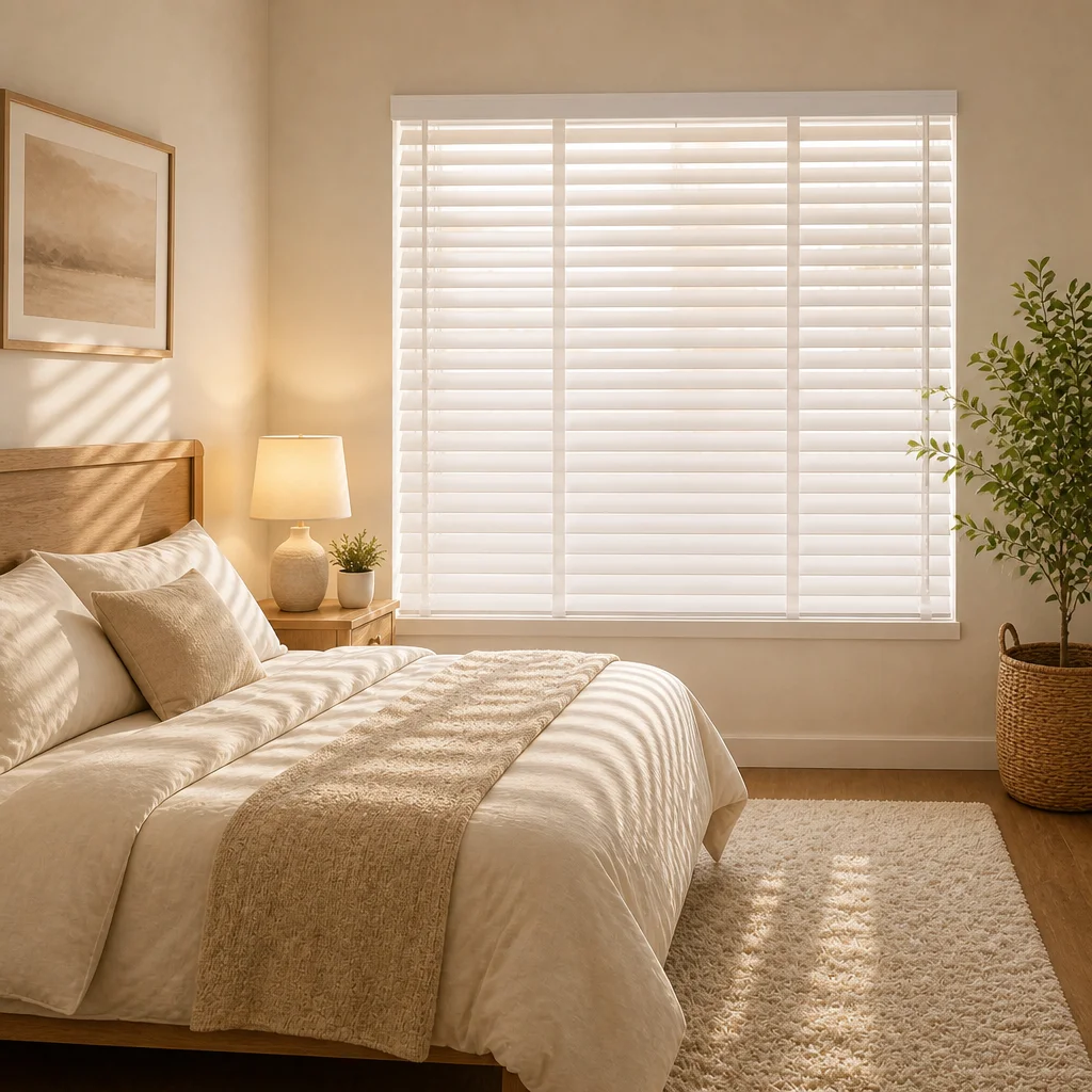 50mm Paulownia Wood Venetian Blinds Painted White Built-In Ladder String Plain Headrail Eco-Friendly Anti-UV Bedroom Privacy