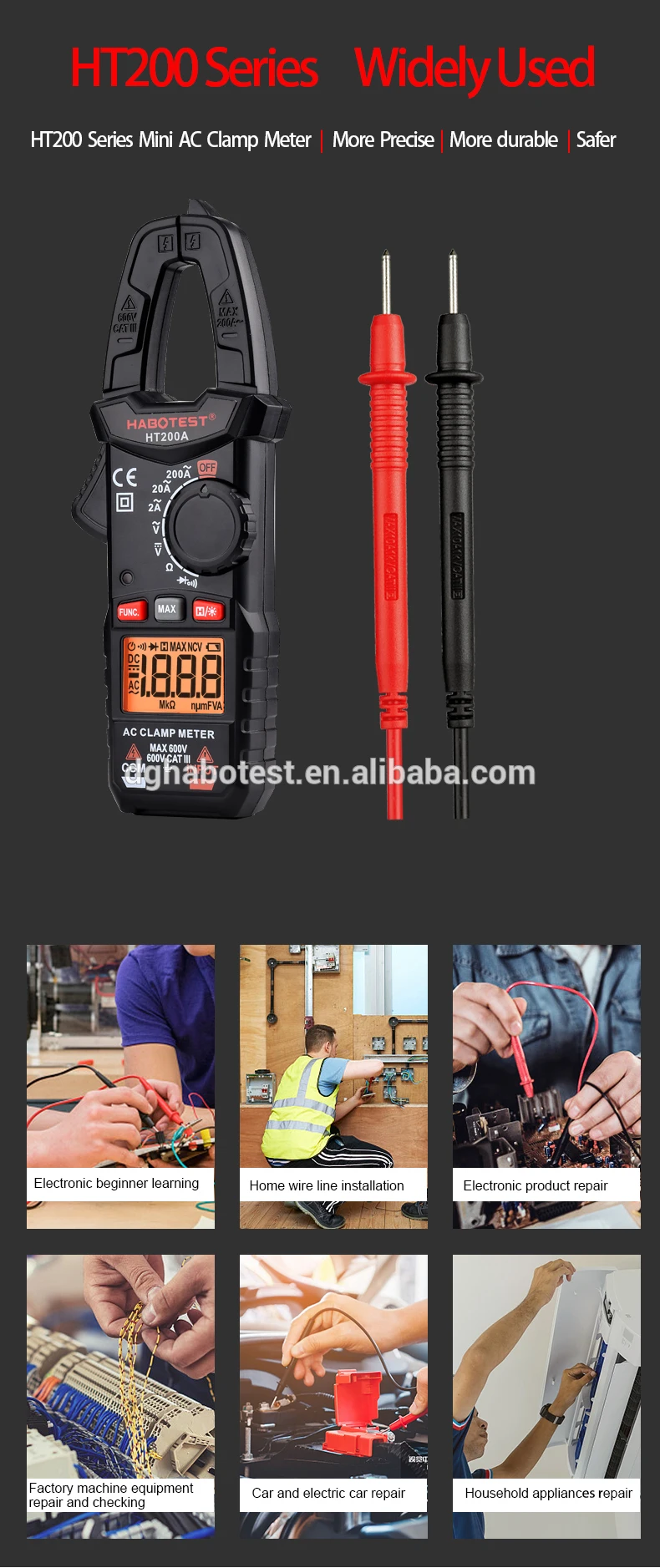 Auto range Clamp Electric Meter DC Pliers ammeter AC DC Voltmeter Resistance Tester Digital LCD 2000 Counts HABOTEST HT200A