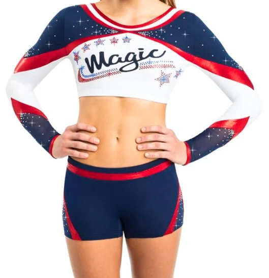 2025 Wholesale Competition Cheerleading Uniform Customized Full Sleeve Rhinestone Design Outfits