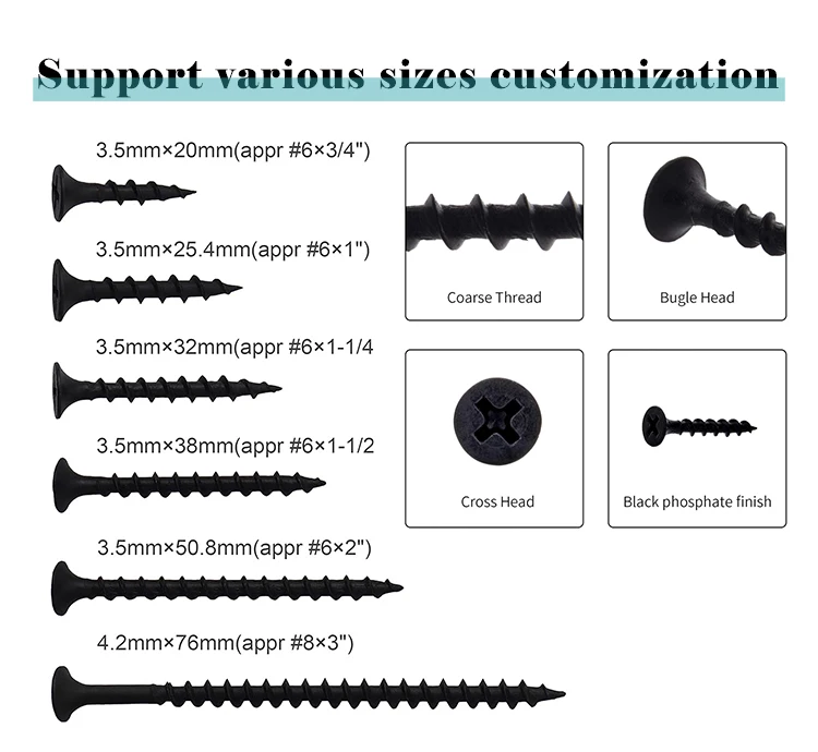 High Cost Performance Steel Black Phosphate Bugle Head Drywall Screw For Gypsum Board details