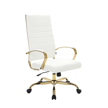 White PU Leather Executive Chair Furniture Golden Chromed Metal Frame Swivel Office Chair