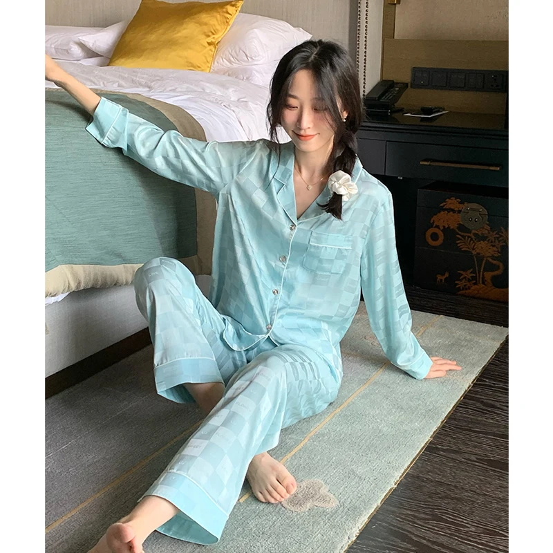 Pijamas de Netflix para mujer, primavera y verano, pantalones de manga  larga de seda helada, cárdigan, ropa de casa de seda de simulación, traje  de