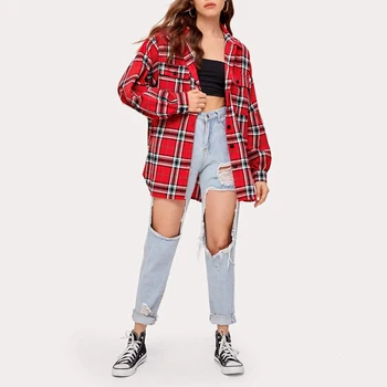 Women's Fitted Clothing Autumn Turn-down Collar Red Plaid Ladies' Blouses & Tops With Long Sleeve