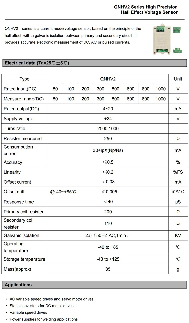 Hall Dc Voltage Transducer QNHV2 100V 200V 300V 500V 1000V Output 4-20mA 5v 10v Current Transformer Dc Voltage Sensor 4 20mA