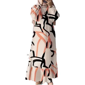 Women's Elegant A-Line Dress Long Sleeve O-Neck Casual Maxi Robe New Vintage Print for Day Natural Plain Dyed for Summer Winter