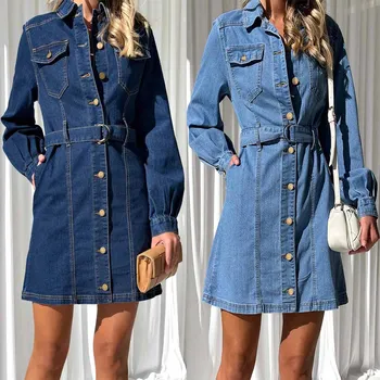 2024 Europe and America Fashionable casual button tie slim long-sleeved denim dress women