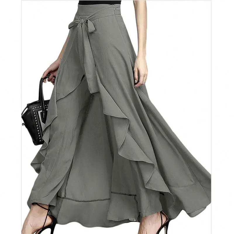 Women Wrap Skirts Ankle Length Pants Casual Ruffle Hem Loose