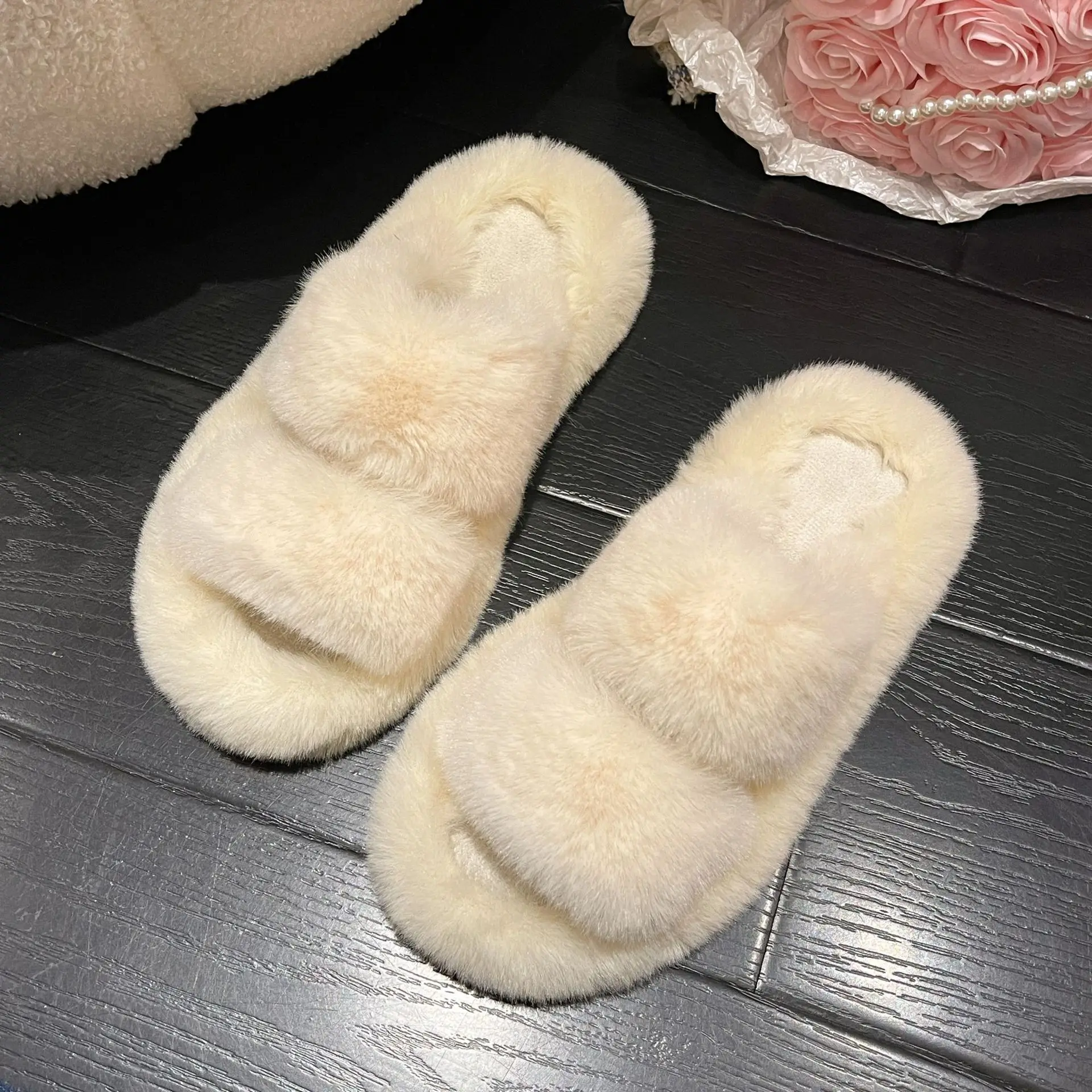 Winter Women House Furry Slippers Fashion Faux Fur Warm Shoes Slip on Flats  Female Home Slides Plush Indoor