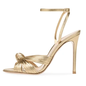 Gold PU Leather Stylish Knot Ankle Strap Elegant High Heels Party Shoe Summer Sandals