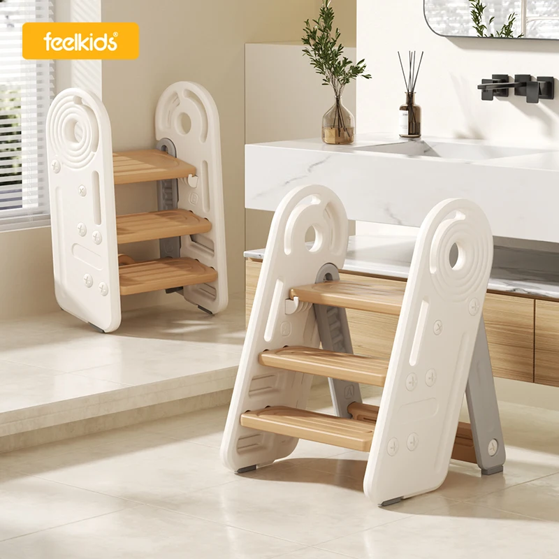 Feelkids Children Kitchen Helper Kids Ladder Safety Toilet Washing Basin Step Stool Baby Plastic Three Step Folding Footstool