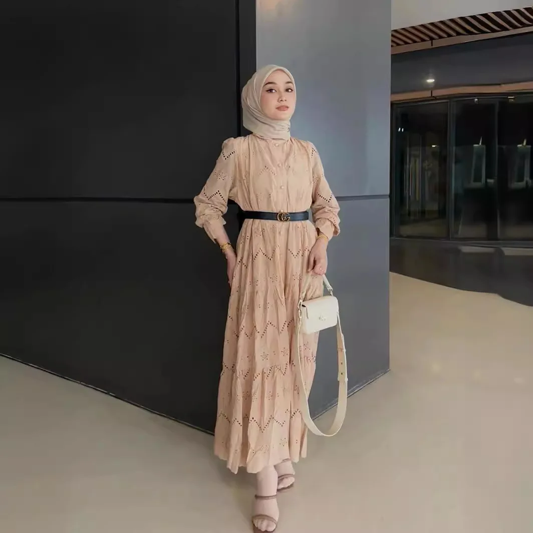Wholesale Fall Muslim Long Sleeve Lace Casual Women's Embroidered High  Waist Midi Dresses A-Line Solid Sweet Elegant Abaya