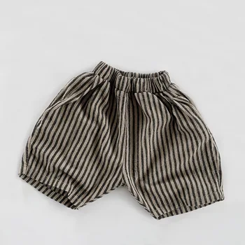 2025 Summer Cotton Linen Vertical Striped Baby Shorts Japanese Korean Style Casual Carrot Mid-Length Pants for Little Boys