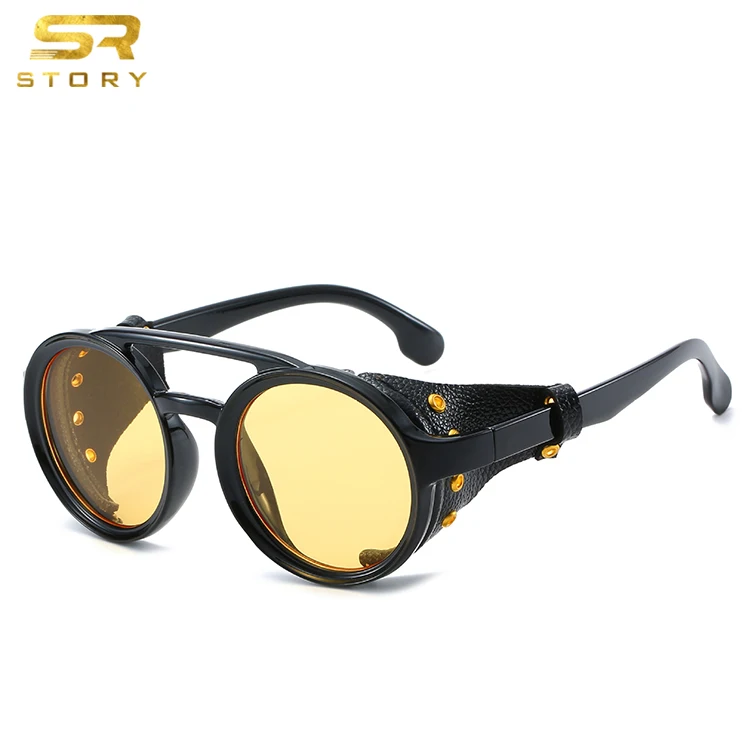 STORY STY1915G PU Leather Designer Round Frame Eyeglasses Men Women UV400 Vintage Sunglasses Retro Steampunk Sun Glasses