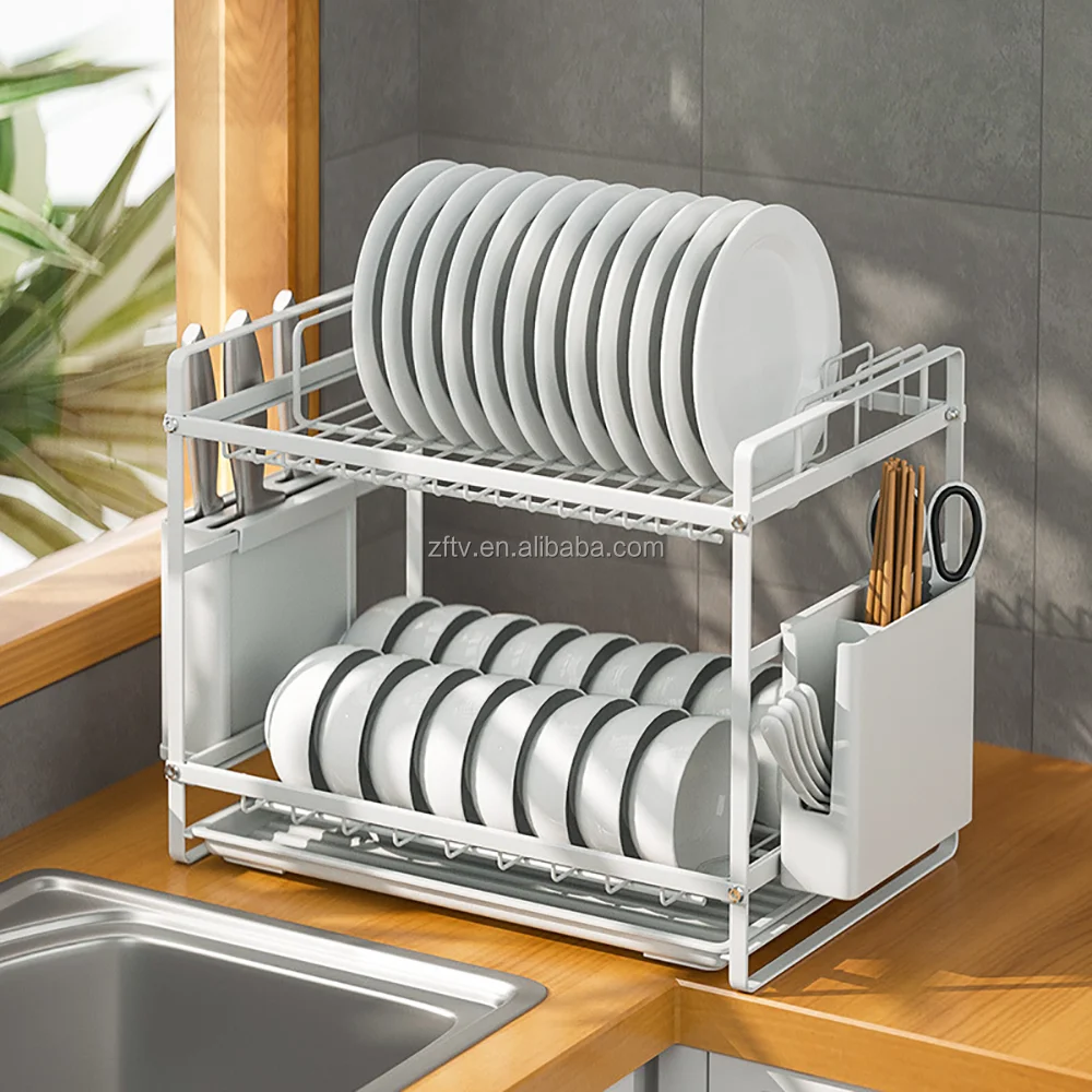 Drying with Tray 2 Tier Foldable Bowl Folding Wall Mounted Stainless Steel Over the Sink Hanging Dish Rack Kitchen Dish Racks