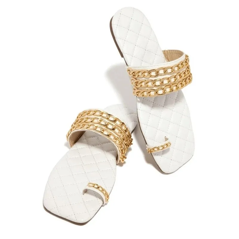 2021 New Arrival Summer Gold Chain Link Toe Loop Woven Open Square Toe  Flat Slide Sandals for Ladies Women Girl