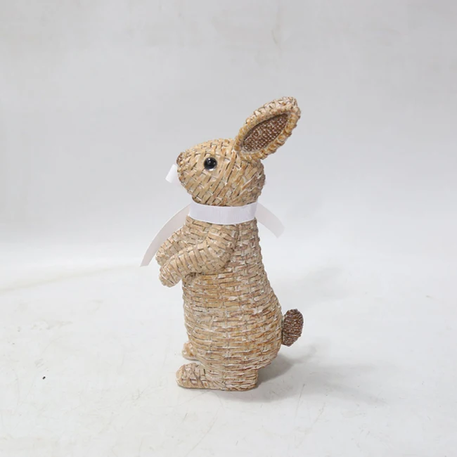 2024 Easter Small Rabbit Decoration Resin Natural Rattan Wicker Bunnies Statue Rabbit with White Bow Polyresin Home Decoration