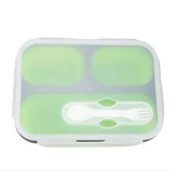 Microwavable Kids Collapsible 3 Compartment Bento Lunch Folding Silicone Food Container With Fork Multi Food Grade Silicone Cont