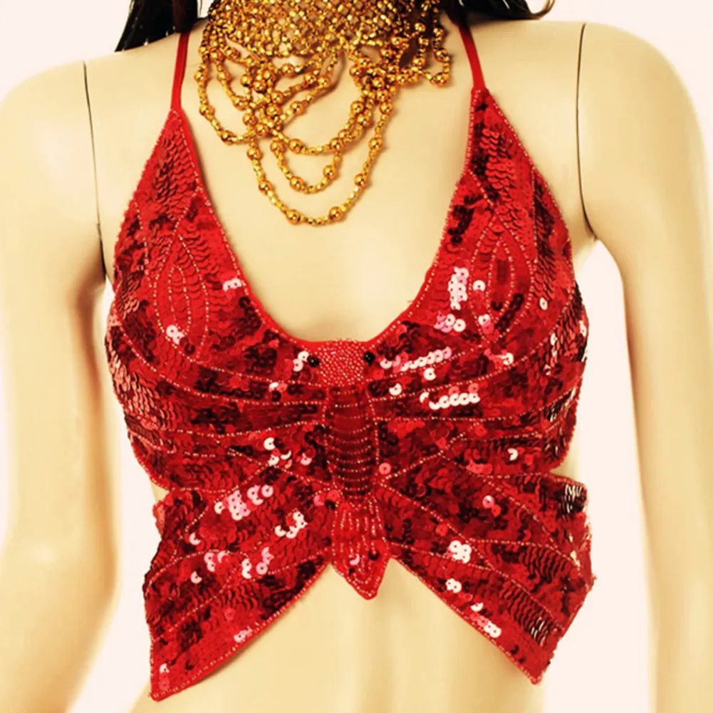 Butterfly Sequin Halter Top Belly Dance Festival Party Club Rave