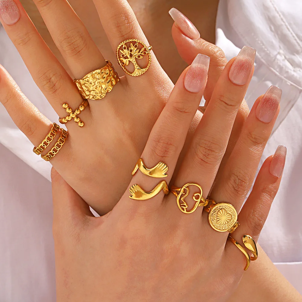 Stainless Steel Geometric Hug Cross Heart Snake Open Ring 18K Gold ...