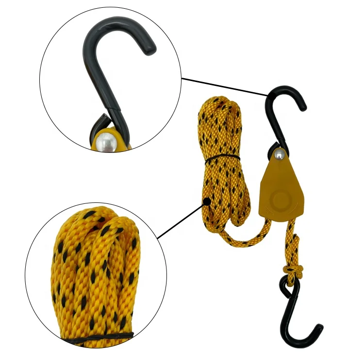 Yellow 1/4 inch Rope Ratchet Pulley with Black Electrophoretic Coated Hook, Ratchet Tie Downs Strap manufacture