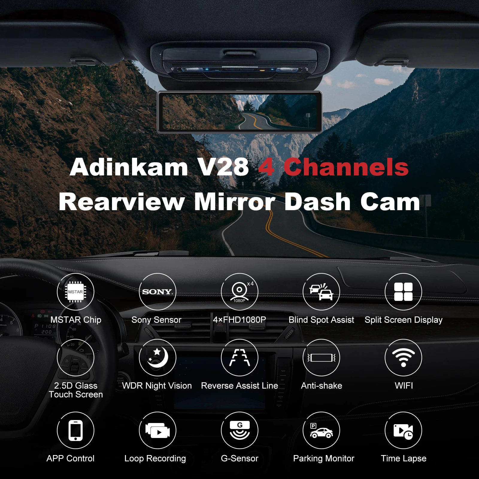 ADINKAM Car Dvr Camera Rear View Mirror Dashcam 4K Dash Car Camera with Wifi  Sony Sensor 4 Channel Mirror Dash Cam