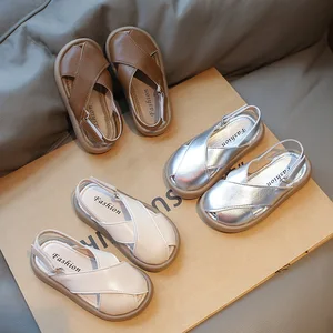 Summer Korean Style Children's Sandals Girls Princess Shoes PU Leather Anti-slip Kids Party Shoes