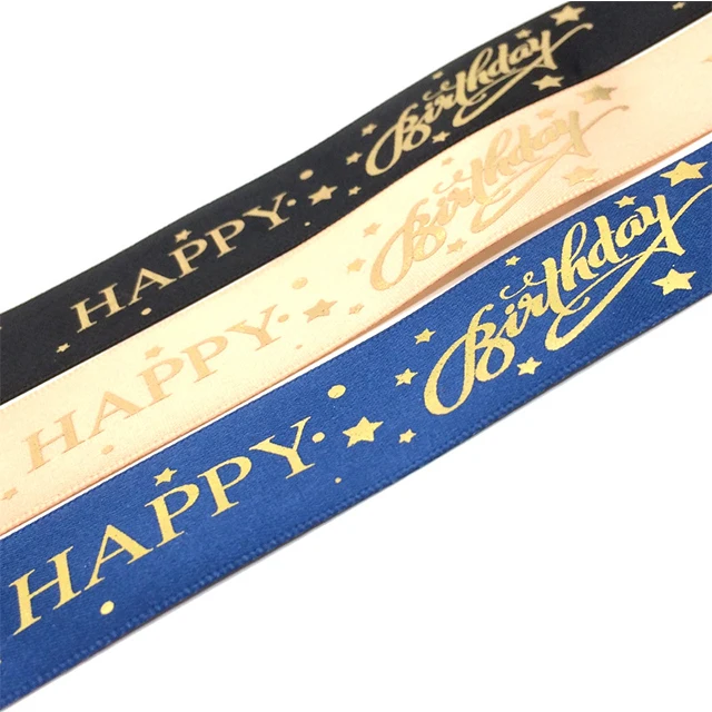 black Grosgrain ribbon foil gold logo stamping happy birthday ribbon gift packaging