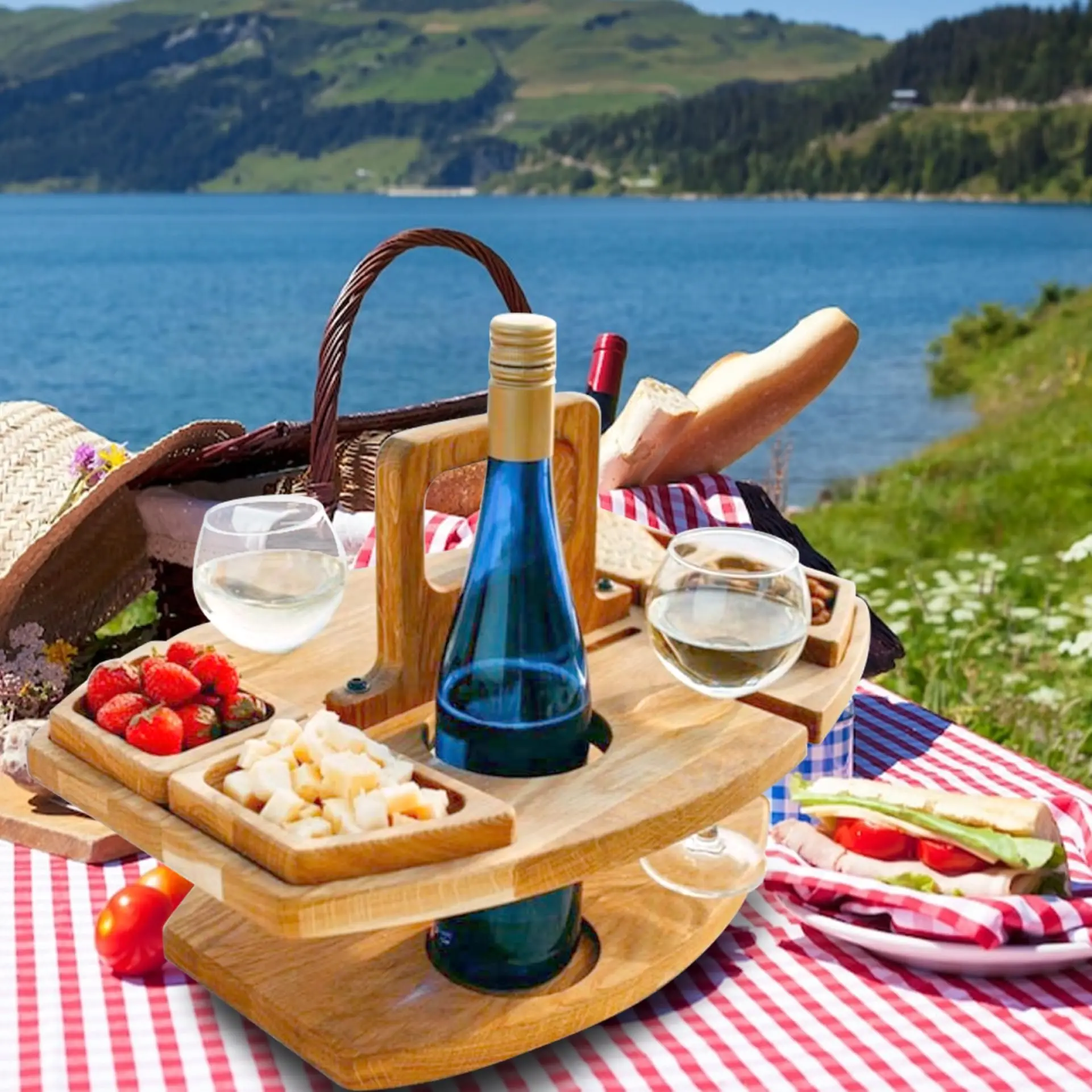Table De Pique-nique En Bambou Kingrol Avec Porte-bouteille Et Porte-verres - Plateau à Fromage Pliable Pour Extérieur
