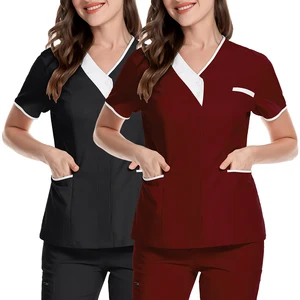 Breathable 35%Cotton Solid Scrub Tops Women Medical Nursing Uniform Tops Short Sleeve Hospital Dentist Customize Wholesale Scrub
