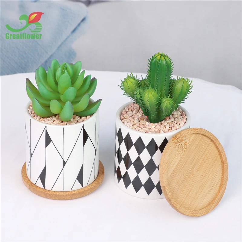 Set of 4 Artificial Cactus Lotus Plants Ceramic Pot With Bamboo Tray Real Touch Succulents Shelf Decor