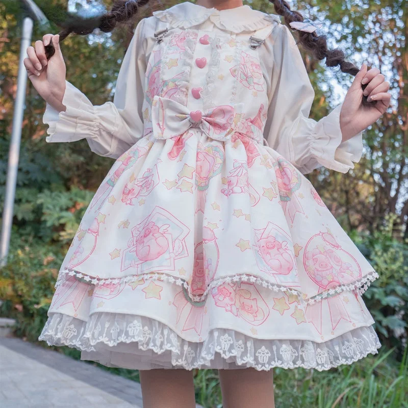 Sweet Pink Lolita Dress for Women Sleeveless Kawaii Japanese Style Lolita  Princess Dresses with Bows L 