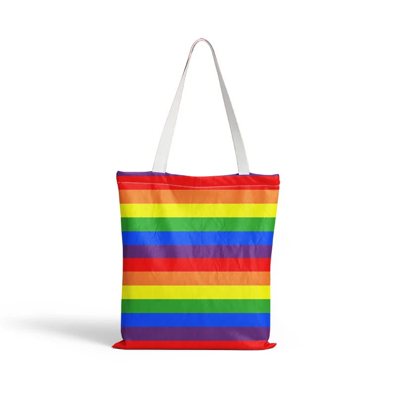 Rainbow Striped Large Capacity Shopping Tote Bag, Nylon Foldable