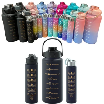 Wholesale Custom 3 in 1 water bottle large 2L medium 750ml small 280ml 3 pieces plastic bottles Gym bottle water Set With Straw