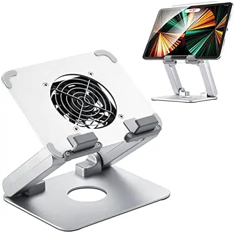 Metal Adjustable Laptop Stand 360 Degree Rotating Laptop Cooling Stand Foldable Laptop Riser Stand with Double Fans