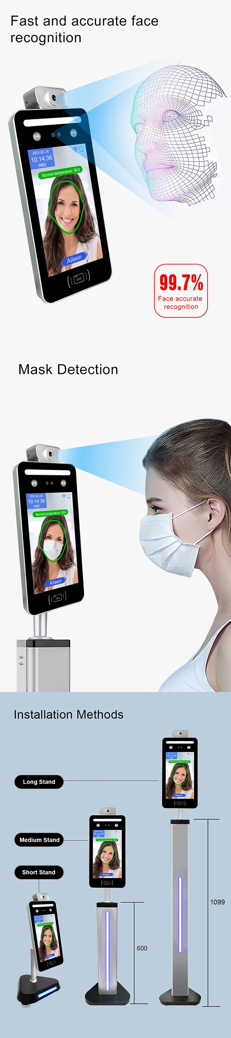 facial recognition body thermal temperature measurement measuring sensor fever face scanner time attendance system
