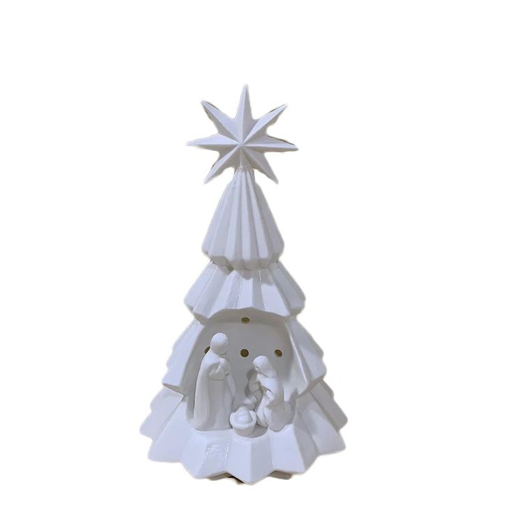 Белая светодиодная керамическая фигурка рождественской елки святой семьи